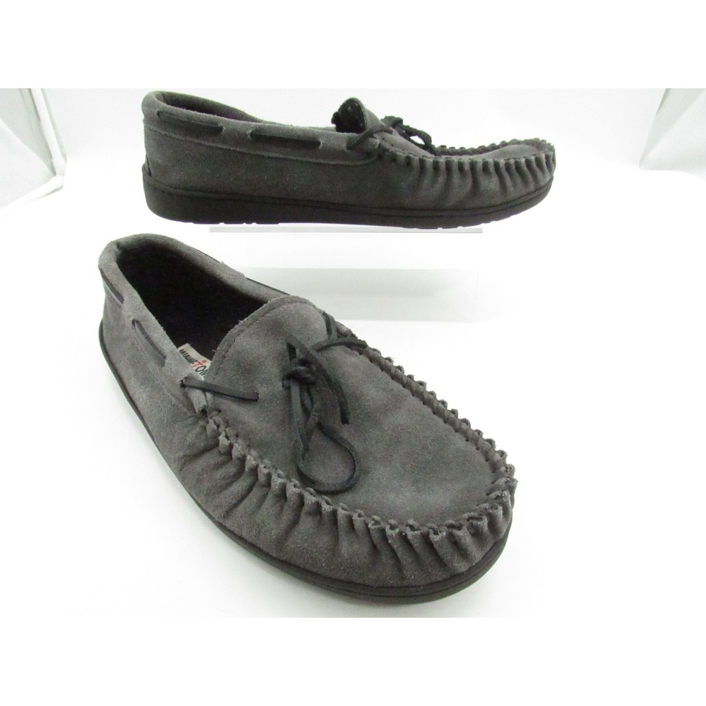 Minnetonka Men's Moccasin Slippers Suede Leather Faux Fur Lined Gray Size 12M